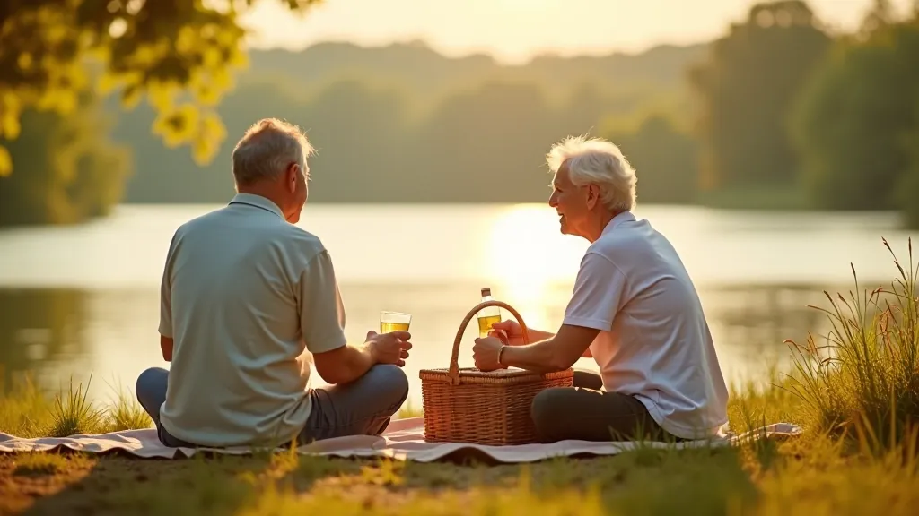 Senioru pāris pludmalē pie ezera ar piknika grozu, relaksējošs brīdis